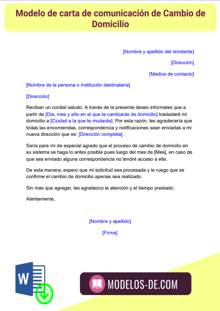 Modelo de carta estándar explicando un cambio de dirección
